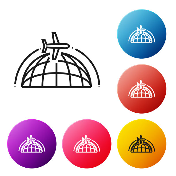 黑线地球仪与飞行飞机图标隔离图片下载