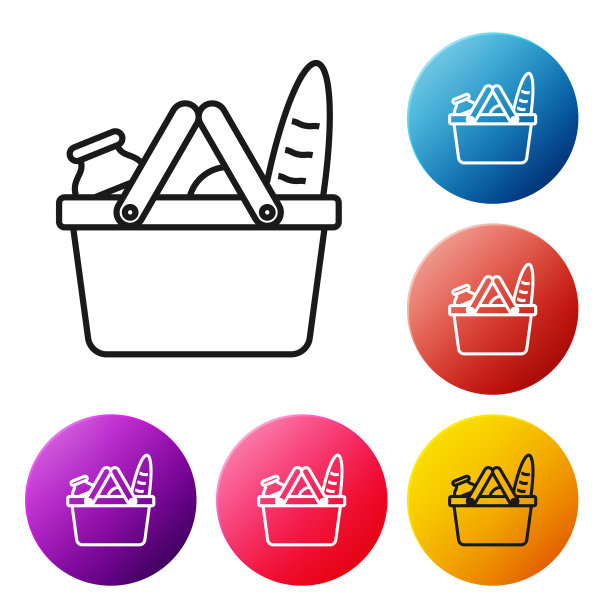 黑线购物篮和食品图标隔离图片下载
