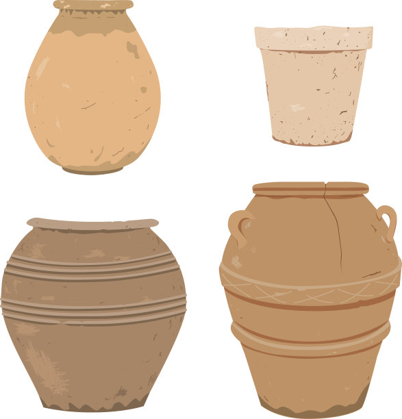 旧陶罐设置。古色古香的陶土矢量收藏，家居或庭院装饰孤立的白色设计元素。图片下载