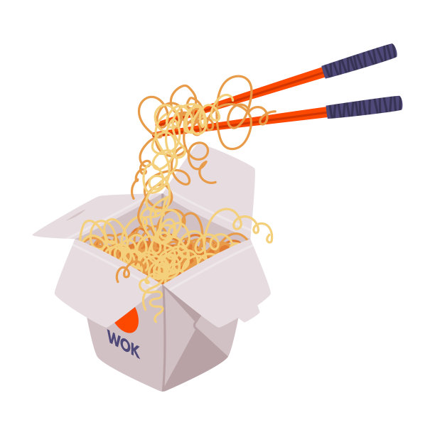 开纸盒装面条和筷子炒锅亚洲食品包装外卖矢量插图图片下载