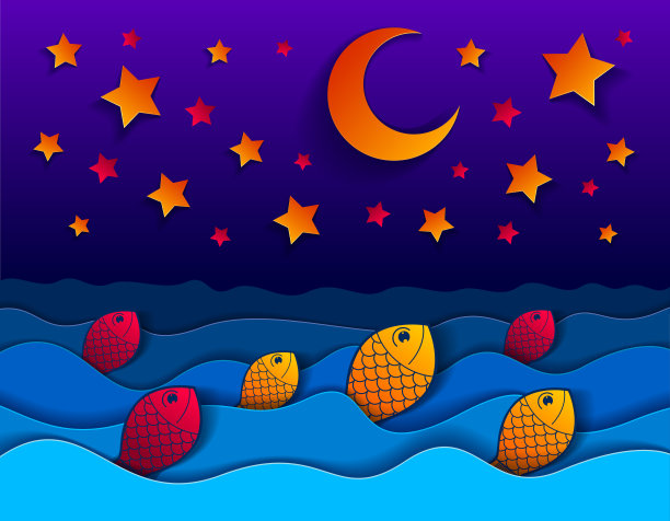 美丽的夜晚海景，剪纸风格的有趣卡通鱼，波浪和天空中的月亮和星星的曲线，完美的现代矢量插图。图片下载