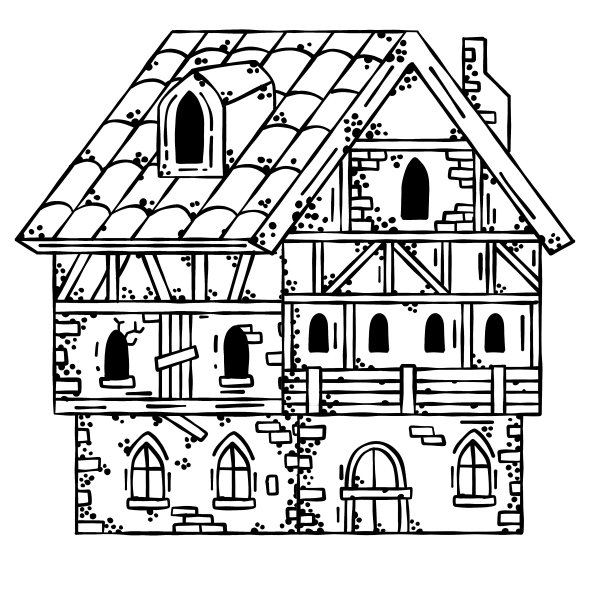 中世纪的房子。村庄建设。有烟囱的老房子。卡通复古的插图。黑白素描图像图片下载