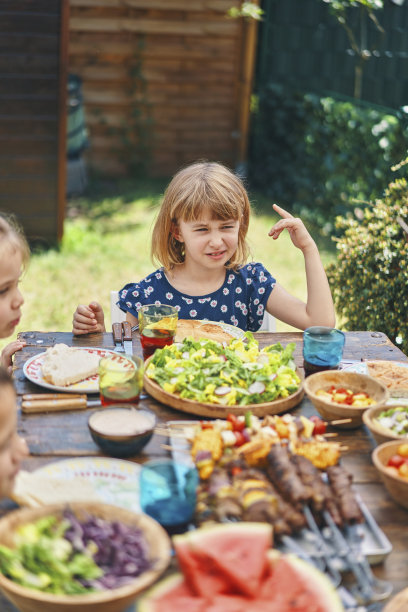 年轻的家庭吃羊肉，牛肉和蔬菜串蔬菜沙拉外面图片下载