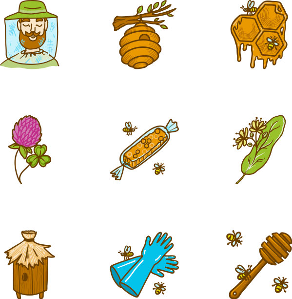 有机蜂蜜图标集手绘风格图片下载