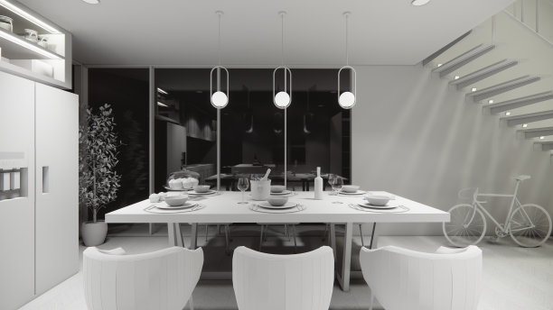 3D渲染：现代开放式客厅室内设计，阁楼风格公寓舒适客厅，沙发和用餐区图片下载