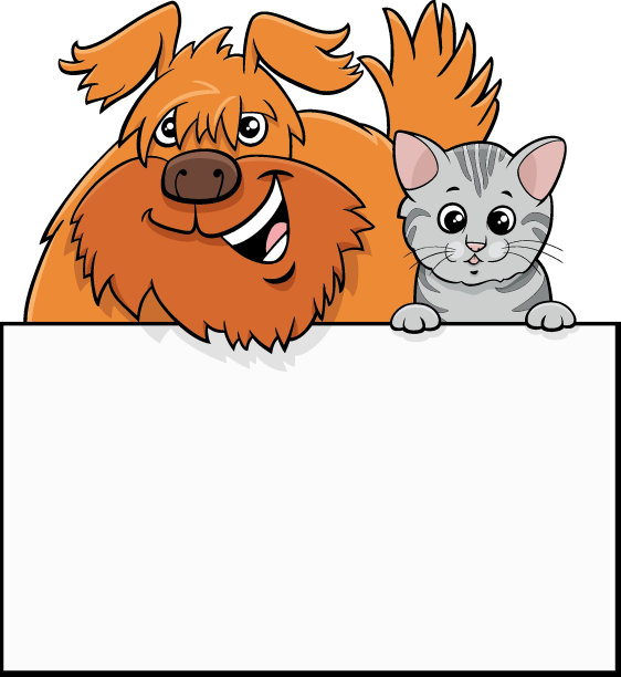 卡通猫和狗与空白的招牌图形设计图片下载