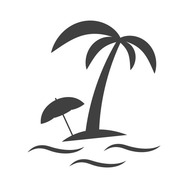 棕榈树图标在岛上与沙滩伞。海边度假的简单画面。孤立向量在白色背景。图片下载