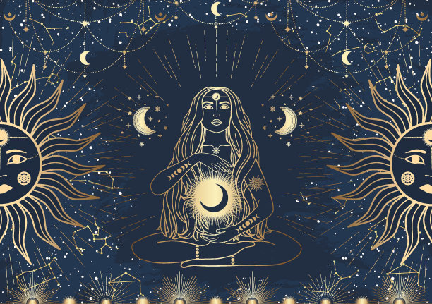 手绘以日、月、星为线条艺术的金色神秘女人牌。星座的空间。精神抽象的象征，深奥的护身符。神奇的空间星系，矢量素描插图图片下载