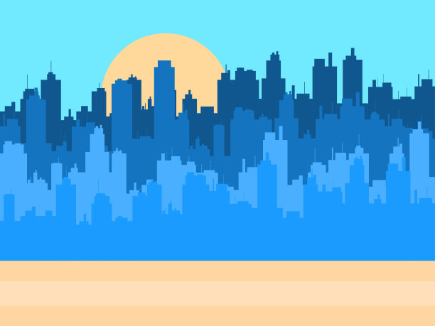 城市上空的日出。摩天大楼林立的大城市全景。建筑轮廓。城市天际线印刷，海报和宣传材料。矢量图图片下载
