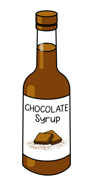 涂鸦卡通风格的巧克力可可糖浆在瓶子里。甜糖早餐煎饼或鸡尾酒配料。卡片，贴纸，海报，酒吧菜单或烹饪书食谱图片下载