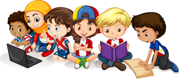 快乐的孩子们在电脑上阅读和工作图片下载