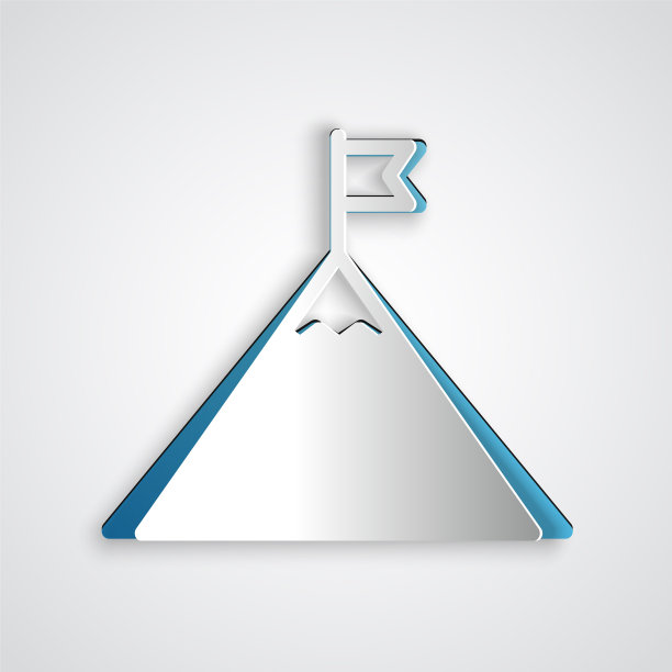 剪纸山和旗子上孤立的图标图片下载