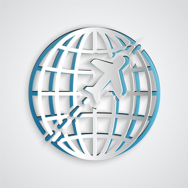 剪纸地球与飞行飞机图标孤立上图片下载