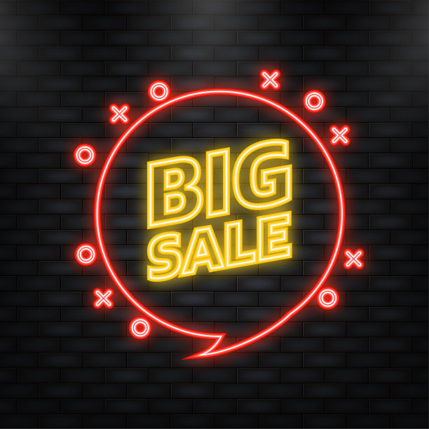 霓虹灯图标。大销售横幅模板设计。折扣标签白色背景。图片下载