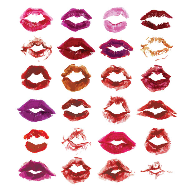 唇吻孤立于白色，唇套，设计元素。打印的嘴唇。矢量插图。玛沙拉，红色，粉色，米色，紫红色和紫色唇印。图片下载