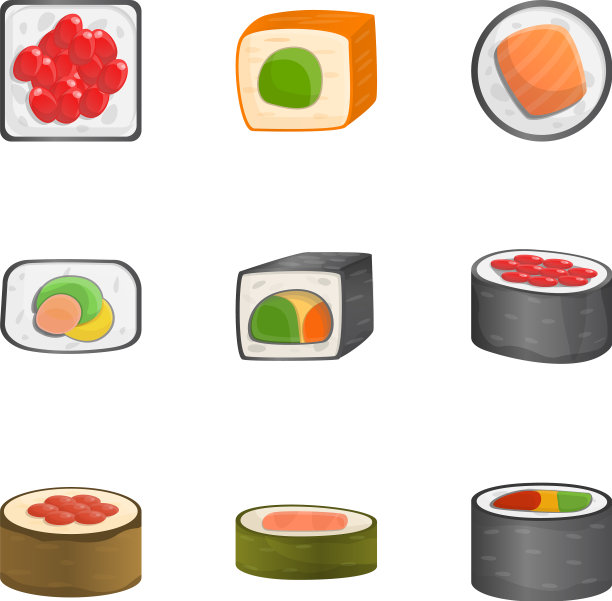新鲜寿司卷图标集卡通风格图片下载