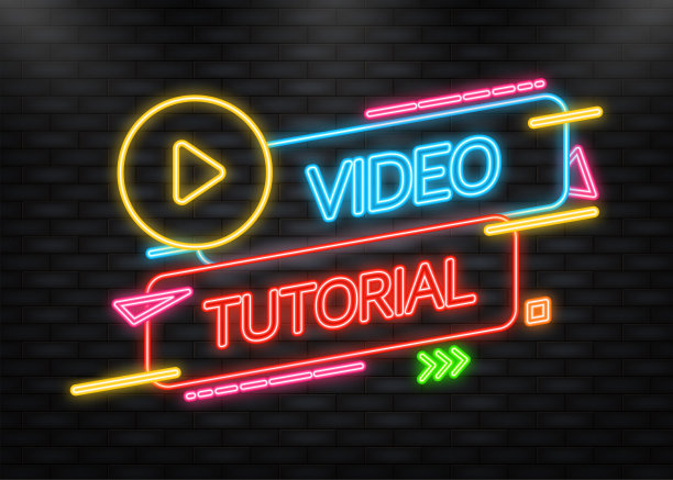 视频教程霓虹灯图标蓝色背景。视频教程横幅。图片下载