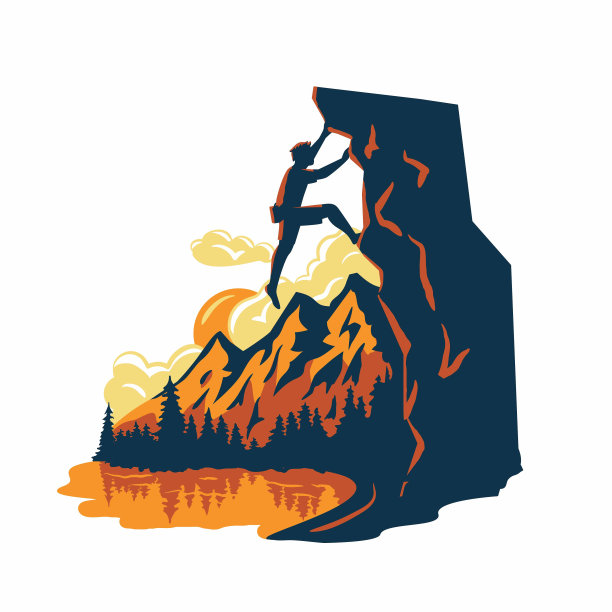 登山者。一个登山者站在悬崖上的剪影，有山、有湖、有森林图片下载