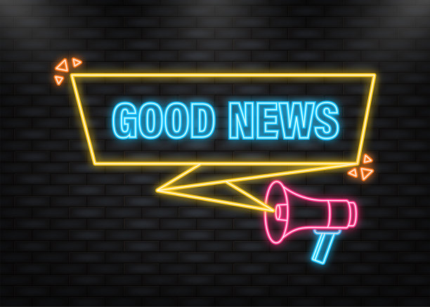 霓虹灯图标。蓝色扩音器横幅上写着好消息。矢量图图片下载