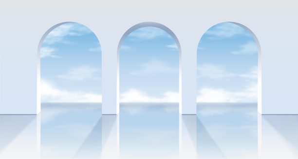 现实的向量白色拱门与一个对蓝天的看法。图片下载