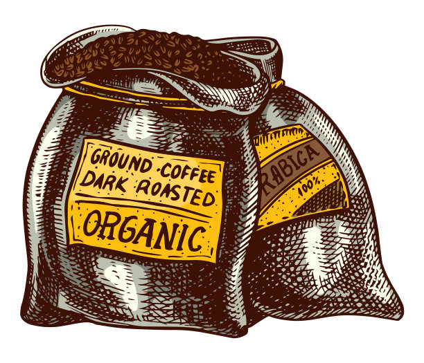 袋装咖啡豆在复古风格手绘图片下载