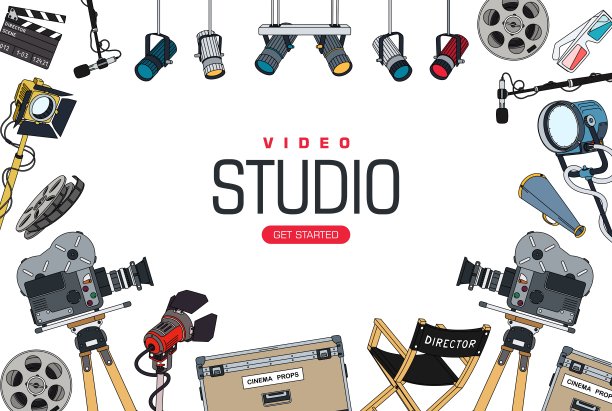 视频工作室的背景模型。设计一套海报用的设备和工具，用于电影行业和视频剪辑的拍摄。矢量图图片下载