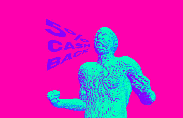 5%的钱。特价出售。推广和广告的概念。男人大喊大叫。体素的艺术。3 d矢量插图。图片下载