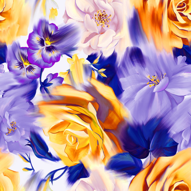 涂花无缝图案。大的模糊的玫瑰花蕾。夏季装饰花束。动态植物纹理时装设计打印，纺织。图片下载