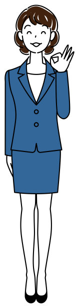一个漂亮的女人在西装微笑和摆OK后，想出了一个好主意。全身站立插图矢量图片下载