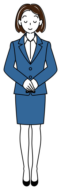 一个穿着西装的漂亮女人的全身站立的形象，她的头微微低着。双手合十，右手放在顶部矢量图图片下载