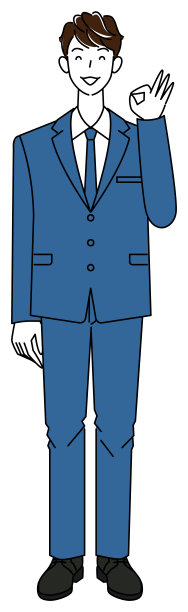 一个穿着西装的可爱男孩在想出一个好主意后微笑着摆出OK的姿势。全身站立插图矢量图片下载
