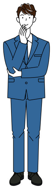 一个穿着西装的可爱男人摸着自己的脸，想着一个积极的解决办法。全身站立插图矢量图片下载