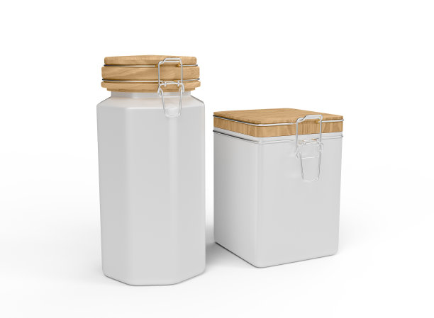 木制盖的方形和六角形金属罐图片下载