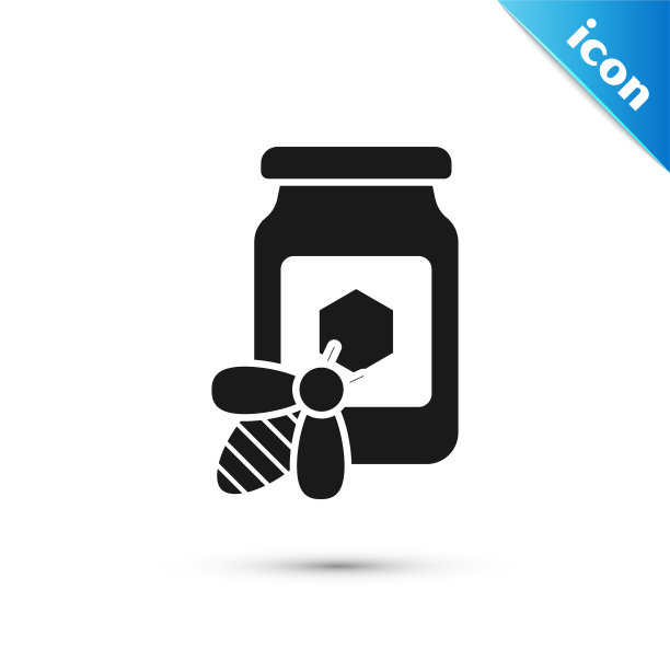 黑罐蜂蜜与蜜蜂图标孤立在白色图片下载