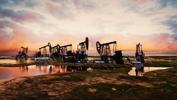 油泵，石油工业设备，钻井井架从油田剪影日落。能源供应危机。三维渲染图片下载