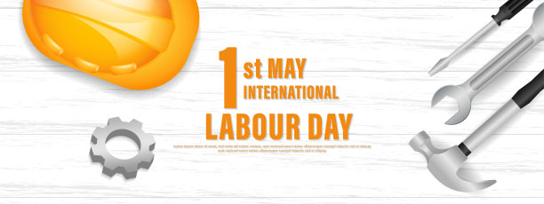 劳动节或国际劳动节横幅模板设计与黄色安全帽和施工设备。图片下载