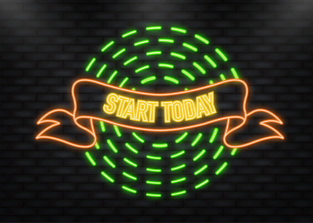 霓虹灯图标。从今天开始，复古风格的丝带。海报横幅的设计。向量的背景。图片下载