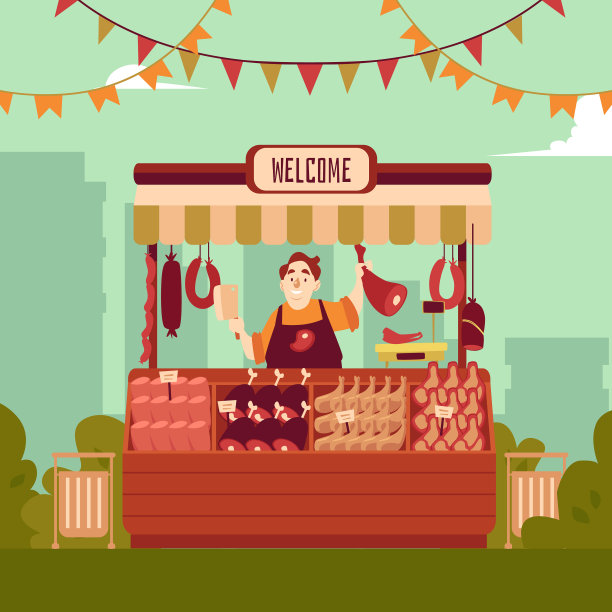 农贸市场的柜台上有肉和小贩图片下载