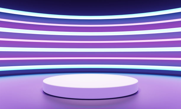 赛博朋克科幻产品平台展示以蓝色紫色和粉色为背景。技术和对象概念。3 d演示呈现图片下载