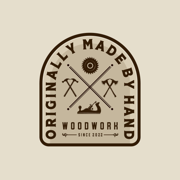 木制品矢量插图标志设计。为木材大师，锯木厂和木工服务的木制品标志模板。斧头，锯和木刨床标志概念的灵感图片下载