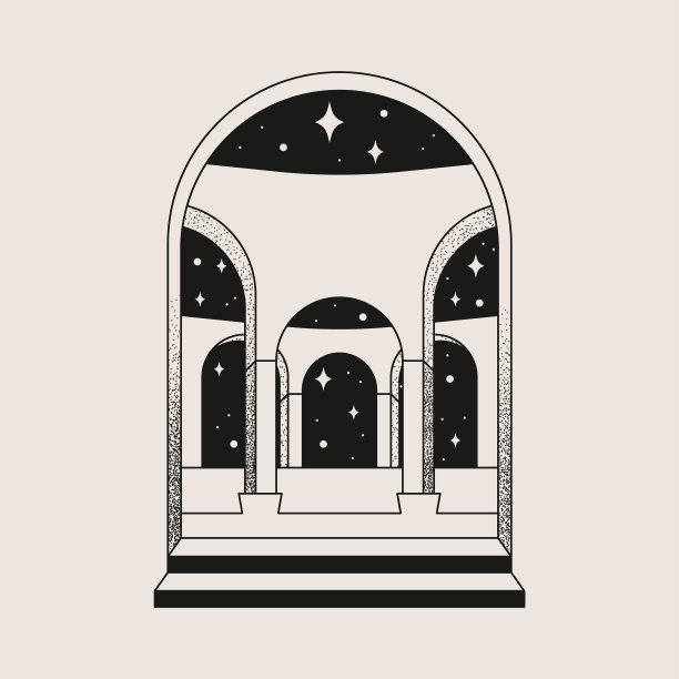 海报装饰和设计与大门，拱门，太阳，星星。图片下载