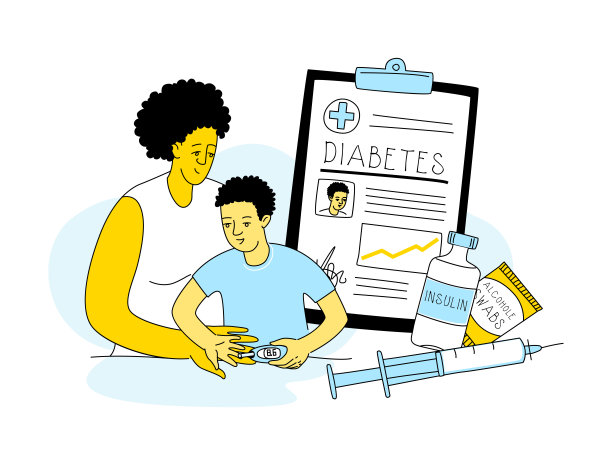 妈妈帮小男孩测血糖糖尿病，胰岛素工具包用笔，血糖仪涂鸦风格的画。图片下载