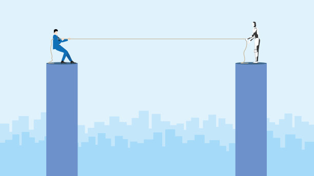 商业竞争与网络技术对抗的概念。一名商人和一个机器人通过拔河绳争夺一个位置。人类与机器人在工作日竞争的冲突。图片下载
