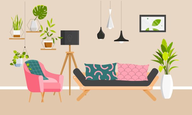 客厅场景中，室内元素如沙发、扶手椅、灯具、架子、配以植物。矢量插图在平面风格，最小现代住宅图片下载