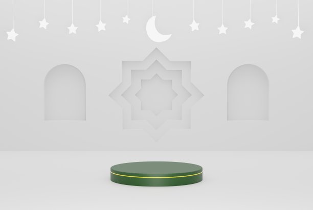 3d平台蓝色斋月白色装饰伊斯兰背景与星星和新月白色三维插图传单设计，横幅，海报等图片下载