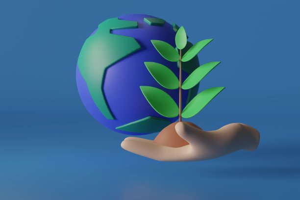 树木都种在地上，手和地球模型。植物生长和环境保护的概念。图片下载