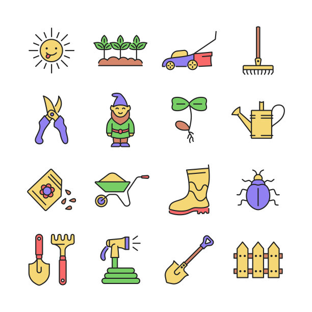 园艺线图标设置。矢量收集与幼苗，花园地精，种子，昆虫，花园软管，太阳，围栏，芽。图片下载