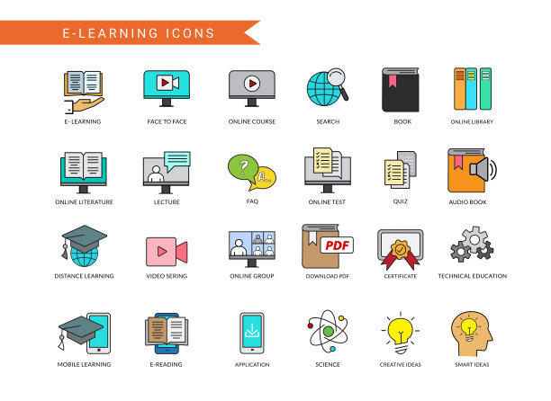 电子学习图标向量集。电子教学学习图标与教育图书、计算机和学习设备的网络会议标志设计。图片下载