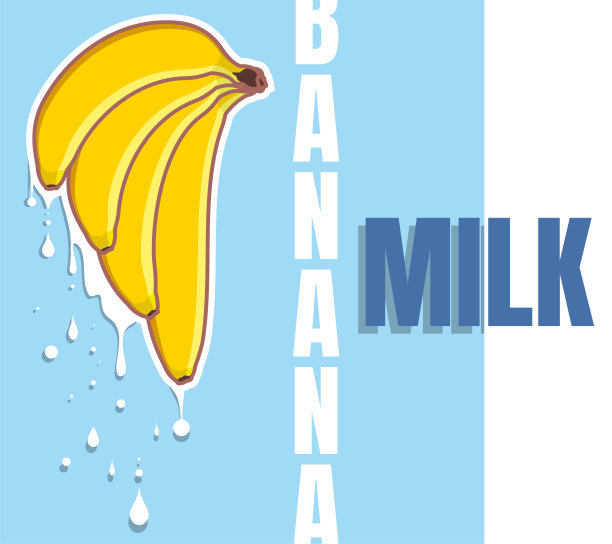 香蕉的汁液从水果里流出来。四只不同形状的香蕉放在蓝色背景上。排版和矢量水果图片下载