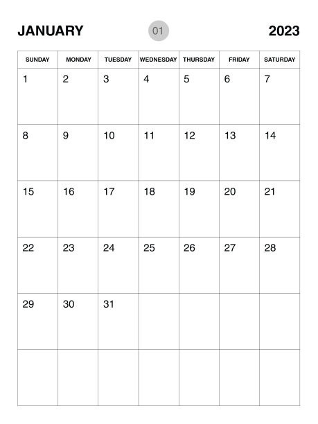 2023年1月计划模板，日历2023设计，每月和每年的计划。组织者的日记。周从周日开始，企业计划模板，2023台历，垂直布局，矢量图片下载